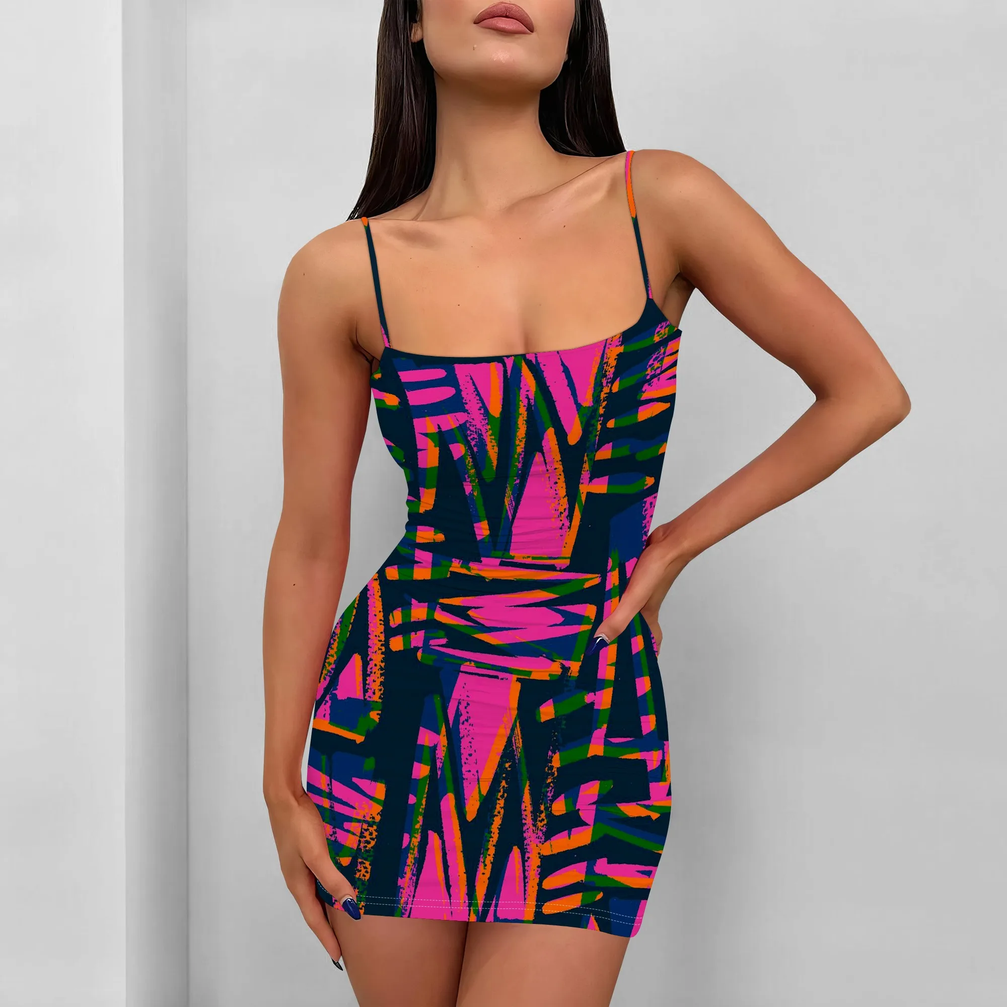 

Abstract Print Mini Dress Women Sexy Spaghetti Strap Bodycon Summer Party Club Dress 2025