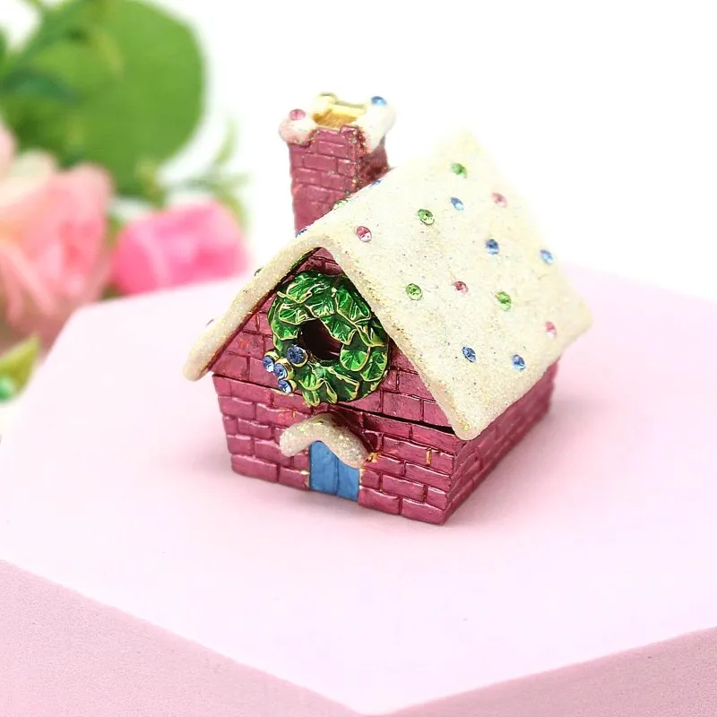 Christmas Snow House Figurine Enamelled Jewelry Trinket Box Hinged Unique Gift for Home Christmas Decor Kids Gift ﻿