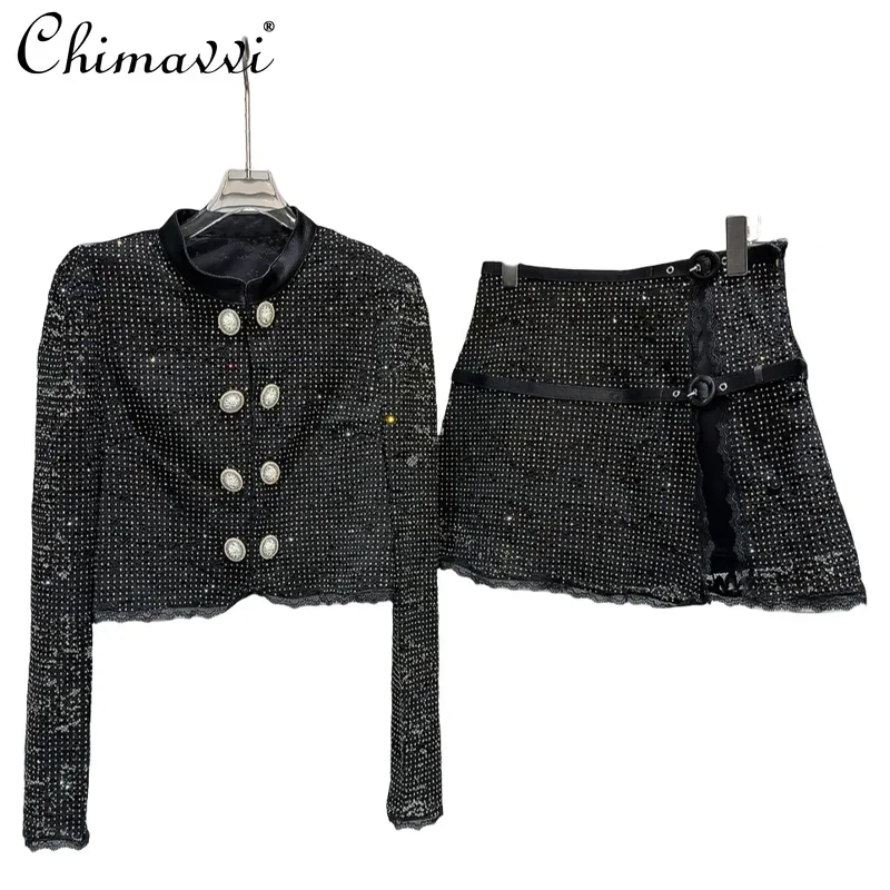 2024 Autumn Clothes New High-end Hot Diamond Lace Crochet Short Coat + Short Skirt Sets Temperament Women Two-piece Set Outfits