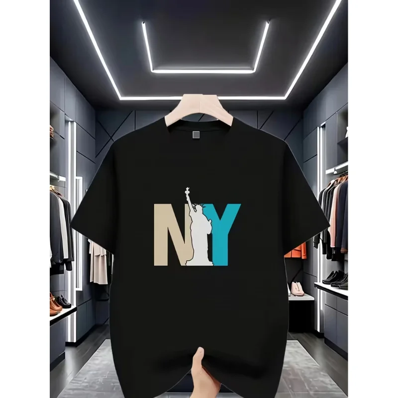 2026Men's Round Neck Short Sleeve T The front of the shirt features a print of the Statue of Liberty NY Letter Printing，