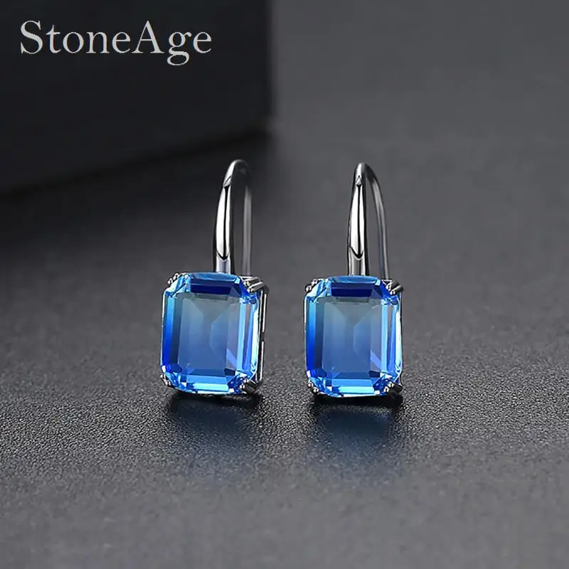 Exquisite Blue Crystal Dangle Piercing Earrings for Women Squares Zirconia Wedding Engagement Jewelry for Bridal Fashion Jewelry