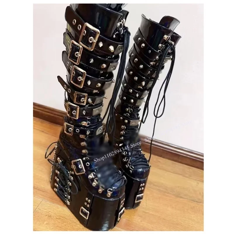 Black Rivet Lace Up Knee High Boots Wedge Platform Buckle Fashion Sexy 2024 Winter Big Size Woman Shoes Zapatillas Mujer