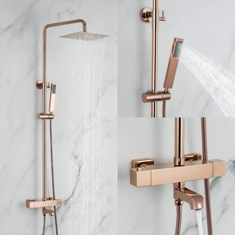 Rose Gold-plated Bathroom Shower Set Rain  Head   Mixer with Hand  Faucet  Rainfall