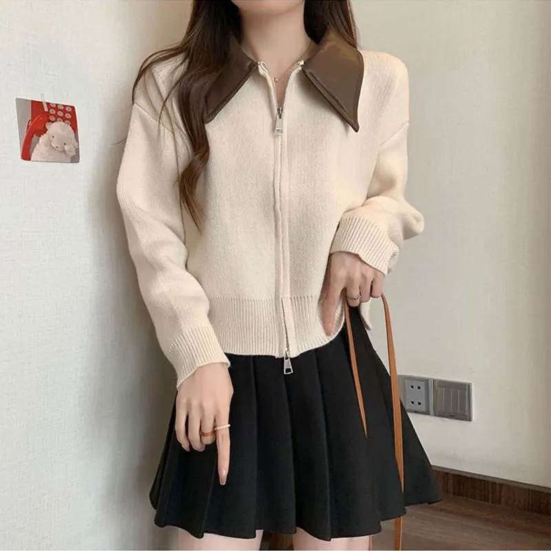 Turn-down Collar Patchwork Cardigan Female Clothing Vintage Solid Color 2024 Autumn Winter Fashion Zipper Basic Knitted Sweaters