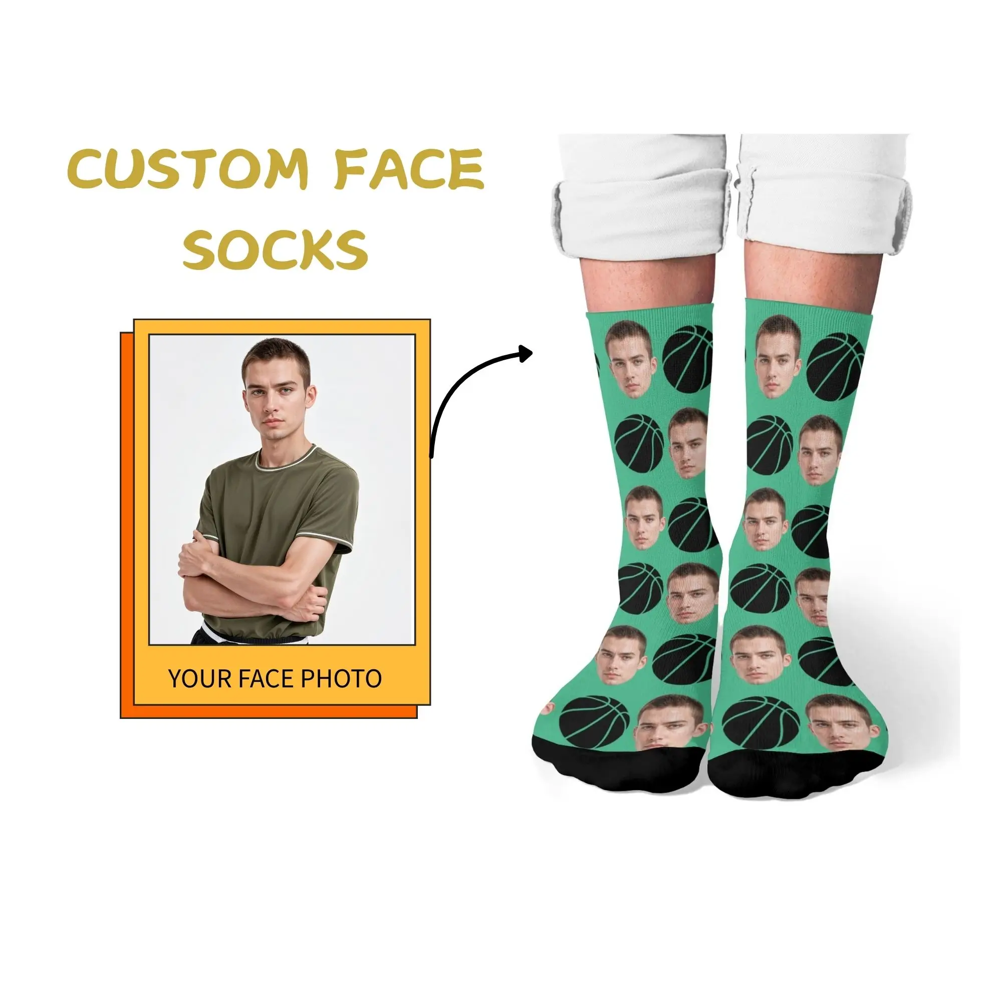 Fresh Style Custom Basketball Face Sports Socks Mint Green Base with Black Basketball Daily Wear To Cherish Hoops Memories