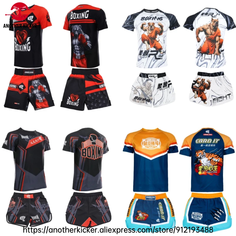 Fighting Kickboxing Pants Tiger Bear Sublimated Boxing Shorts and T Shirt Set Muay Thai Shorts Men Women Martial Arts Team Suit