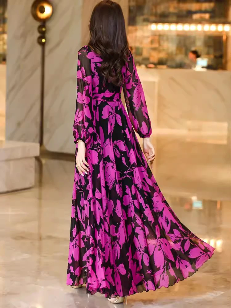 New Women Summer Long Floral Dress Fashion V-Neck Long Sleeve Slim Waist Print Dress Elegant Ankle-Length Holiday Dress