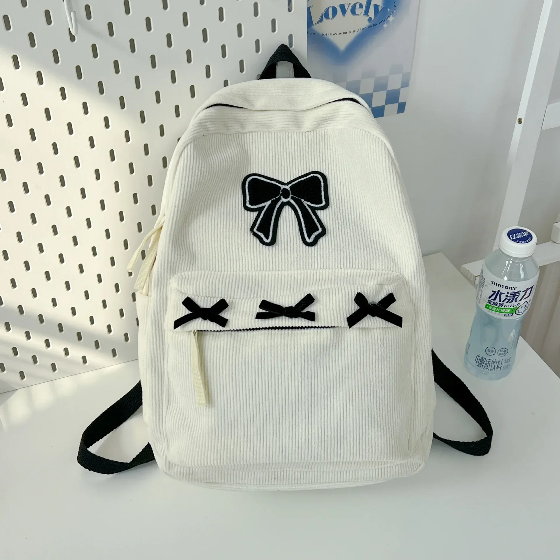 Girls School Backpack Cute Bowknot High School Student Bags White Black Corduroy Shoulders Bag Teenage High-capacity Bookbags