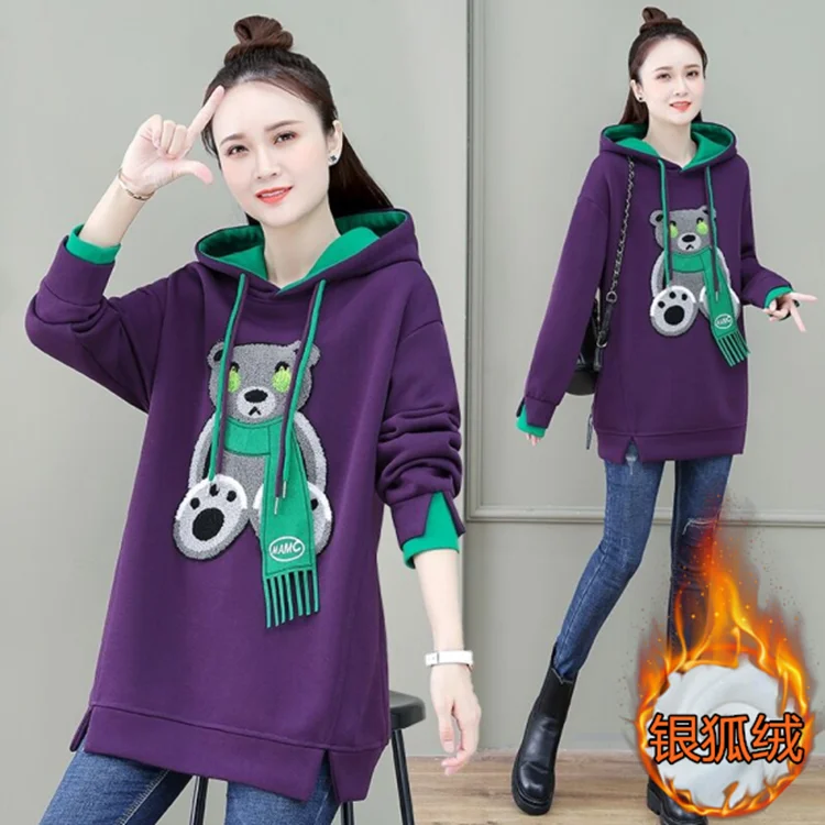 Thick Fashion Cartoon Hooded Sweatshirt Added Fleece Women in Autumn Winter Thick Loose Top Casual Versatile Jacket