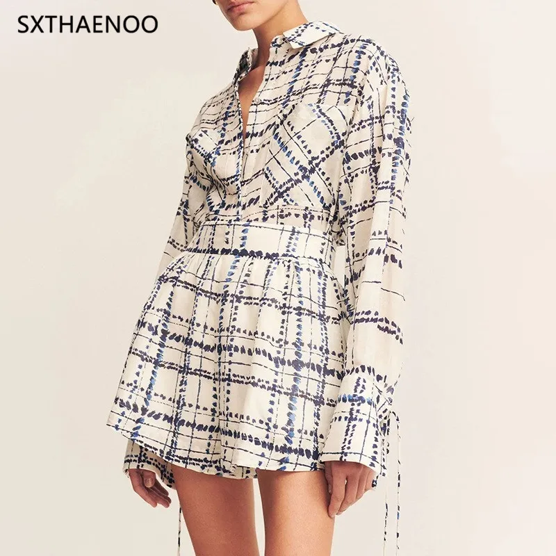 

SXTHAENOO Fashion Casual Set 2025 Plaid Single Button Long Sleeve Shirt+Elegant High-End Feeling Shorts Two Piece Set Polyester