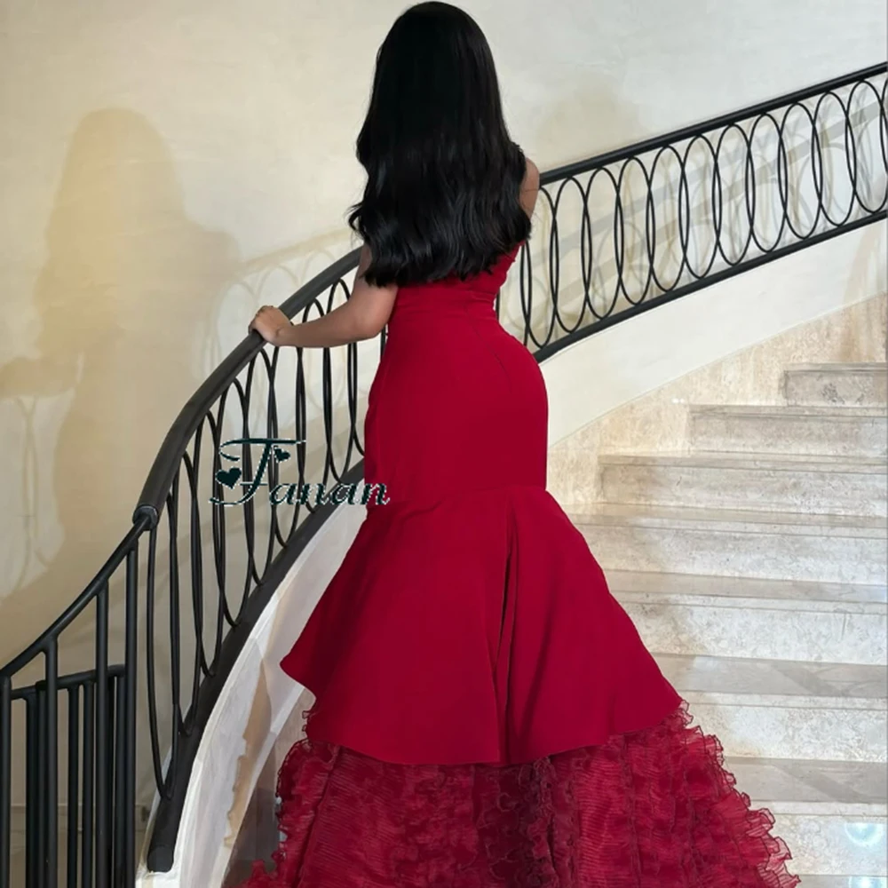 Customized Red Strapless Mermaid Evening Dresses Backless Sleeveless Party Prom Gown Ruffles Floor Length Formal Pageant Dresses