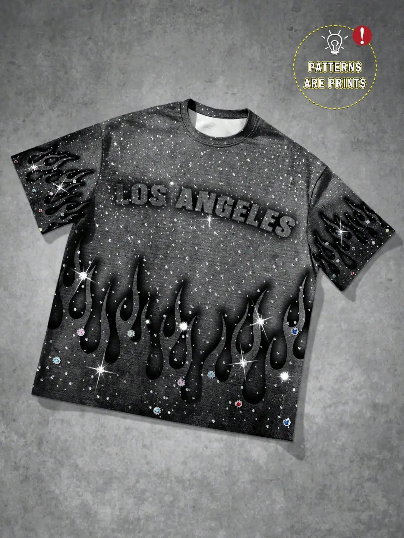 

Black Graphic Flame Print Round Neck Short Sleeve Casual T-Shirt with Sparkle Accents