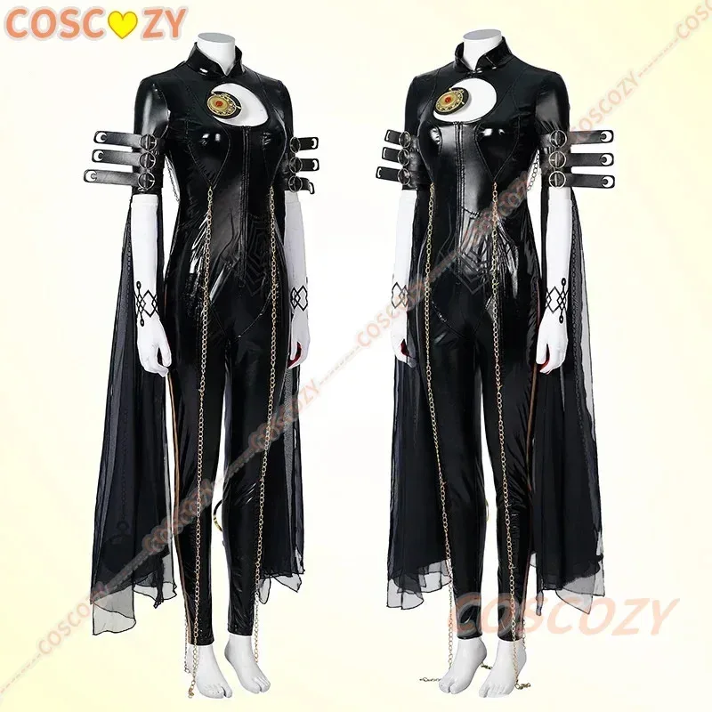 Байонетта Косплей Костюм для женщин Черный комбинезон для взрослых женщин Хэллоуин Карнавальный наряд для вечеринки Парик и очки