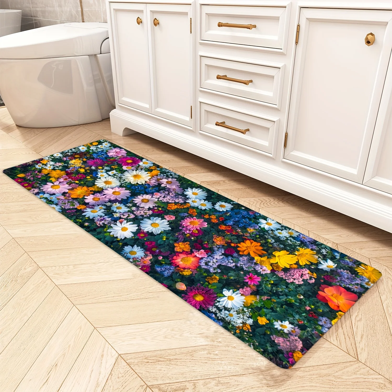 1pc Spring Floral Long Strip Kitchen Decor Carpet, Soft Fleece, Non-Slip And Washable, Suitable for Entrance, Living Room, Hal