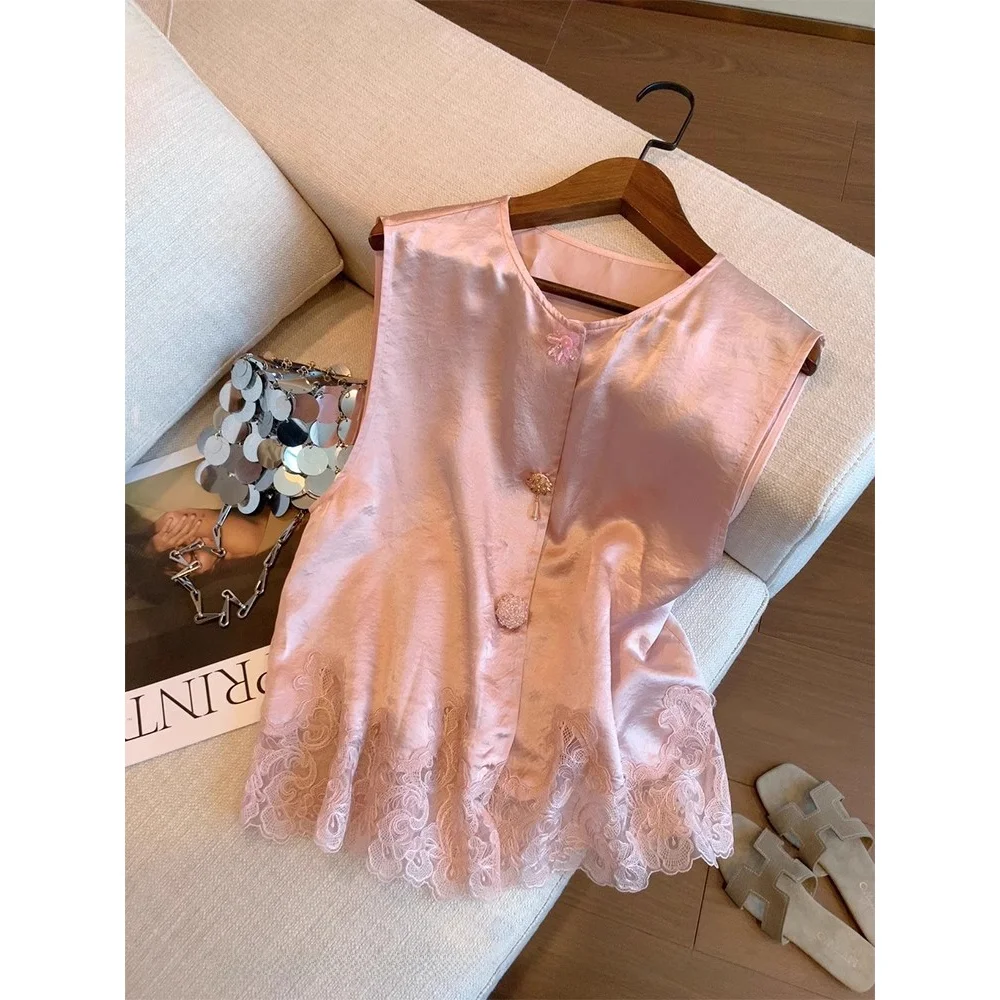 

New Chinese Style Sleeveless Satin Lace round Neck Button down Commuter Top Women Summer Fashionable Thin Small Shirt