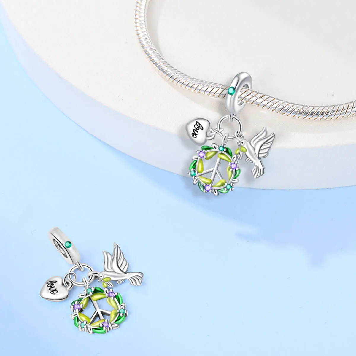 Original Charms Silver Plated Beads Fit Bracelets Diy Women Gift Accessory Peace Dove Globe Rose Heart Colorful Crystal Pendant