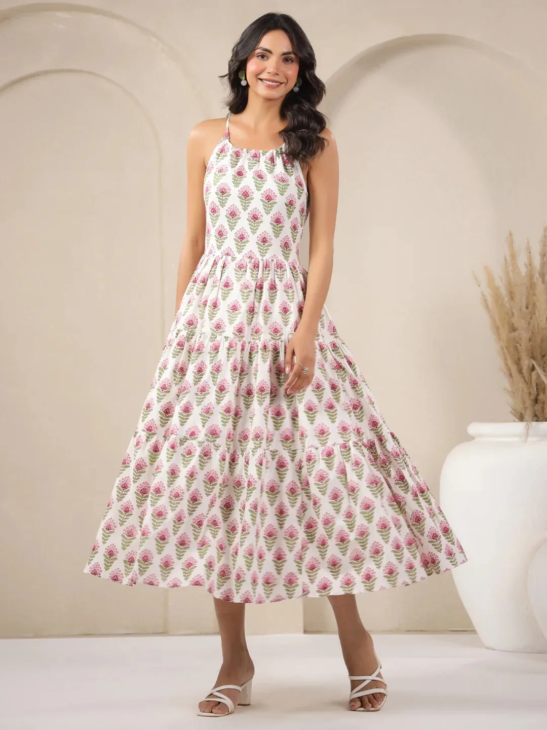 

Indian White Booti Handblock Natural Dyes ECO-Friendly Printed Cotton Strap Maxi Summer Cotton Dress