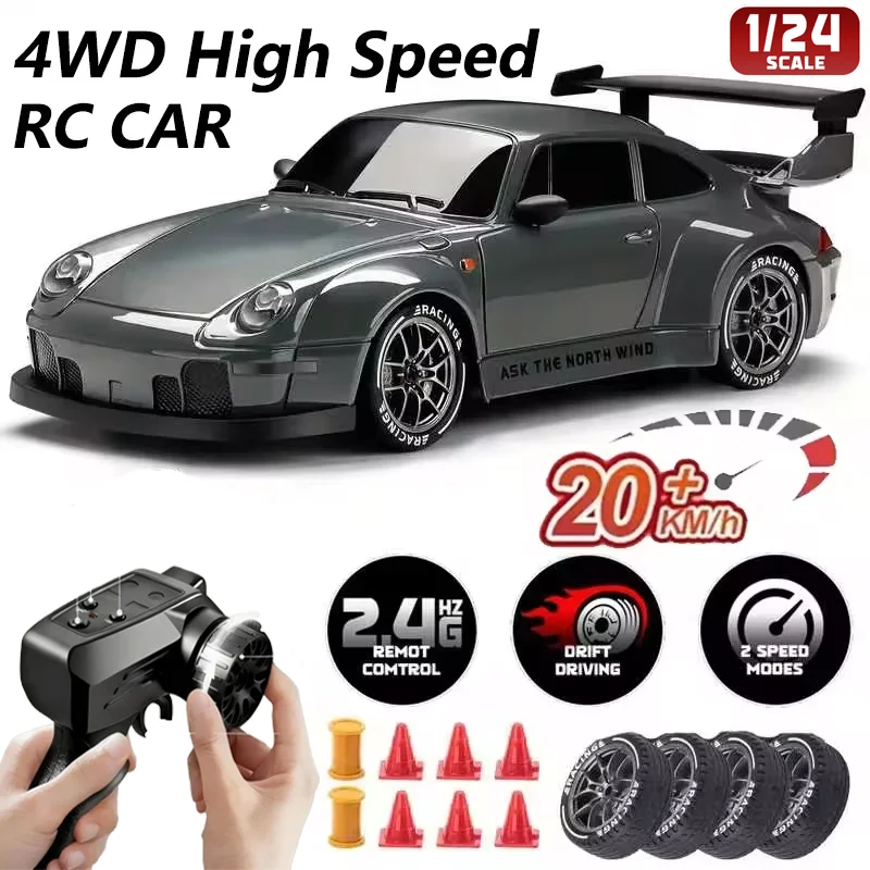 Carro RC Drift 4WD em escala 1:24 Veículo de alta velocidade com mais de 20 km/h Carros com controle remoto com luzes LED Pneus extras para drift Carros de corrida RC Brinquedos