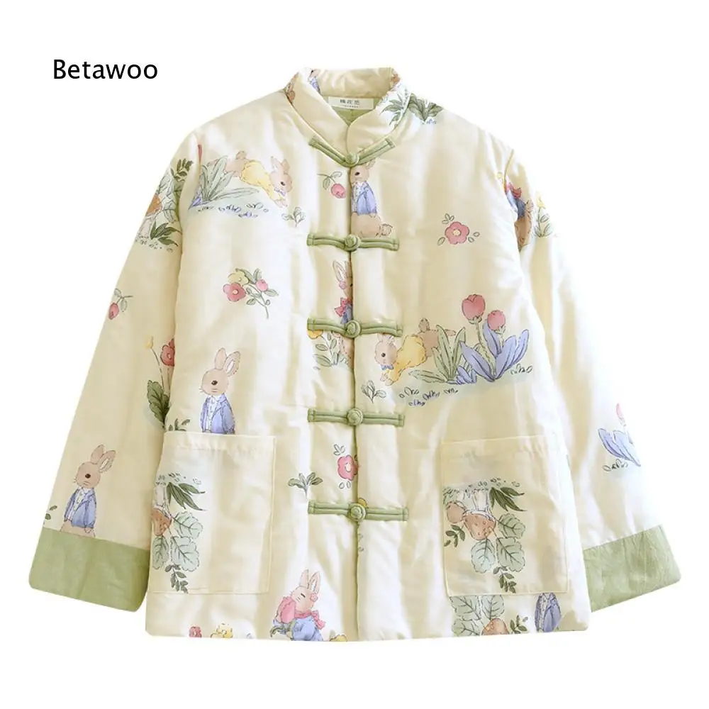 Women Frog Button Stand Collar Cotton Padded Coat Cute Rabbit Floral Print Long Sleeve Warm Outerwear With Big Side Pockets