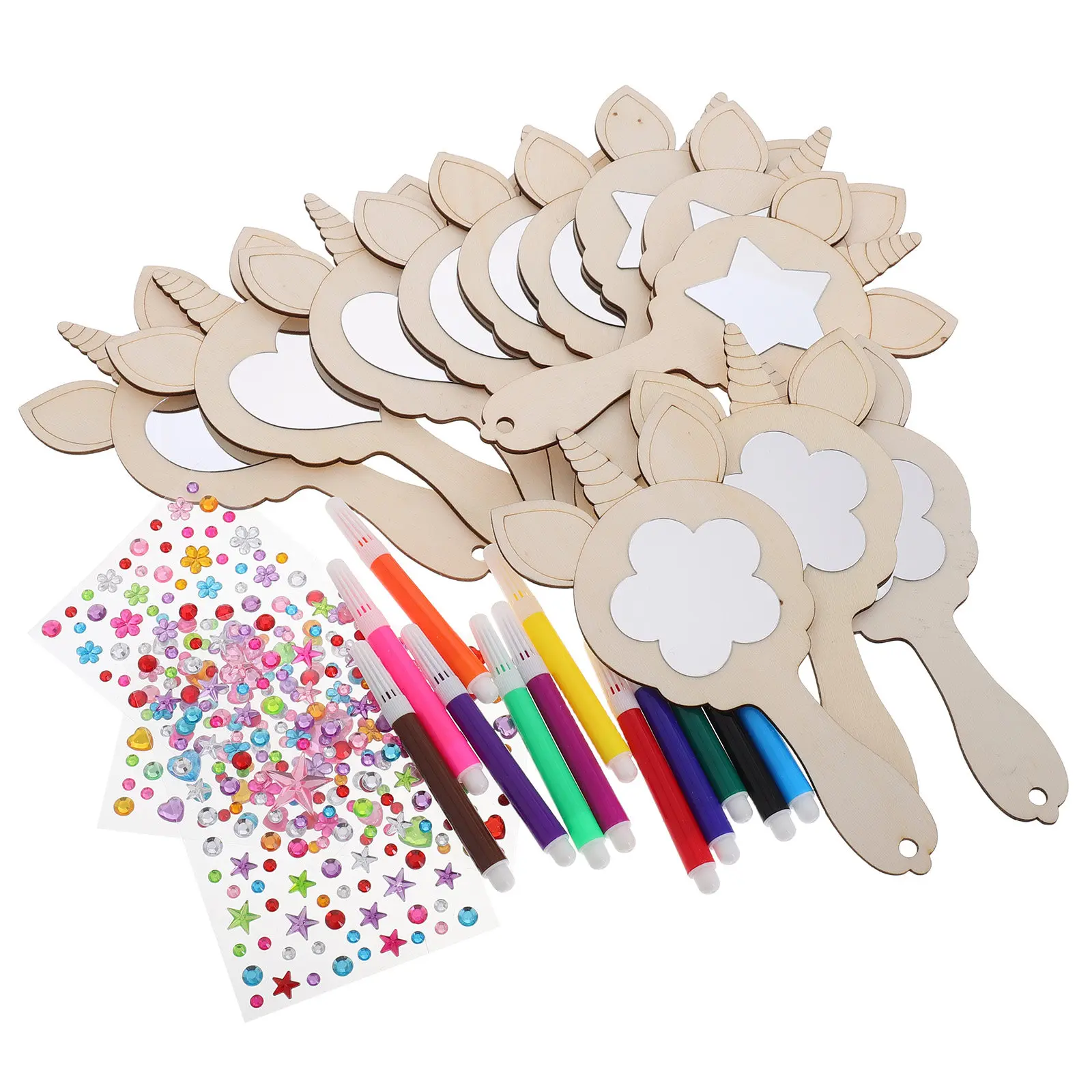 Unicorn Wooden Hand Mirror for Kids – DIY Unpainted Craft Set, Natural Material Decorative Handheld Mirror with Pearl