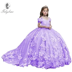New Lavender Tulle 3D Decals Flower Girl Dresses  Fluffy trailing For Wedding Birthday Banquet Prom Party Formal Attire Event