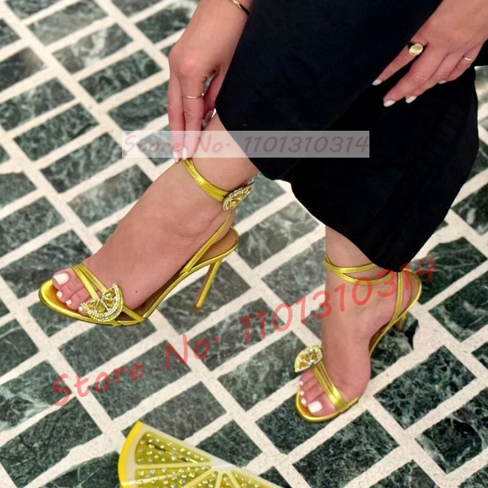 Gold Jewel Lemon High Heels Sandals Women Luxury Metallic Cow Leather Stiletto Sandals Ladies Trendy Crystal Evening Dress Shoes