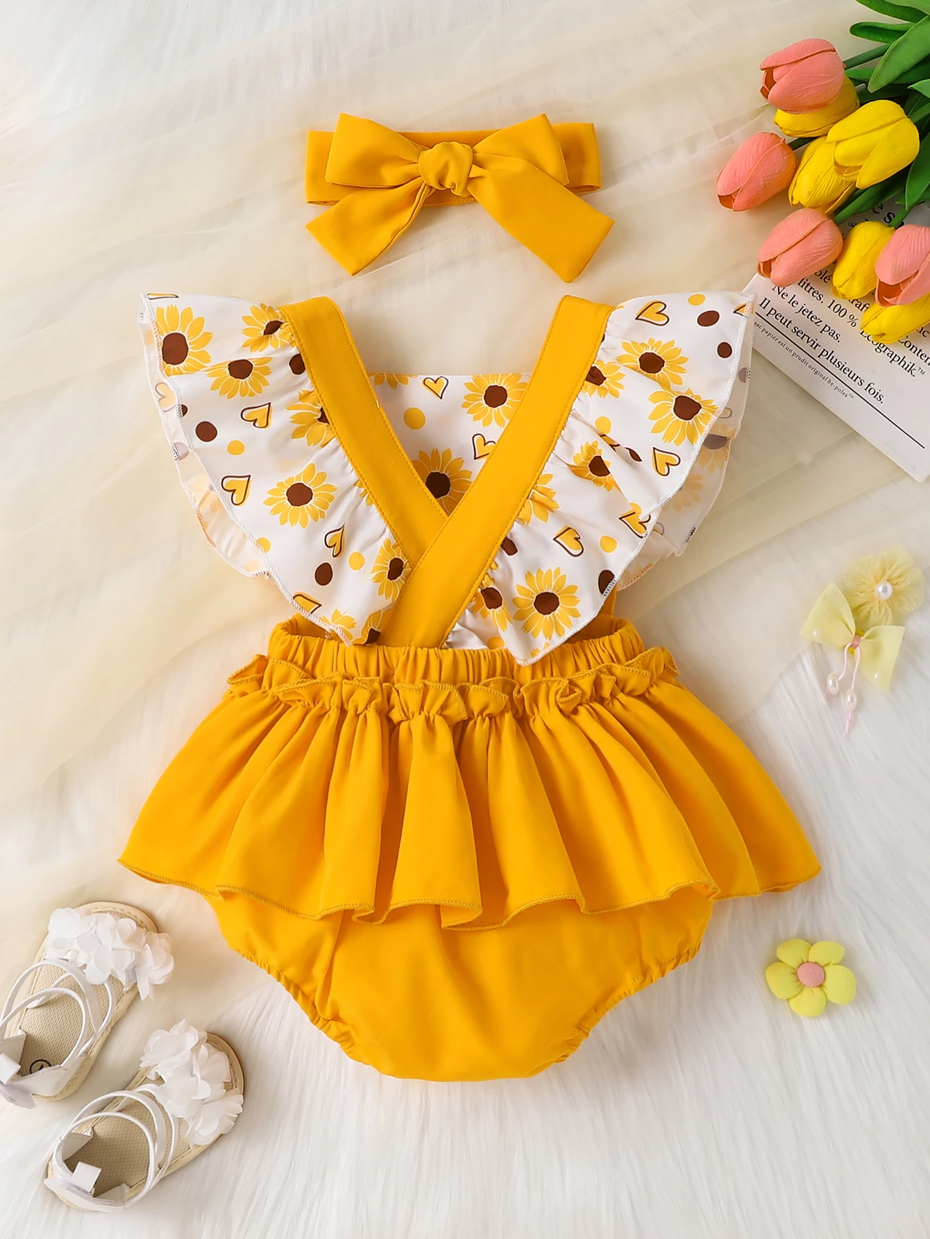 Summer Girls Yellow Suspender Top Heart Print Romper Set