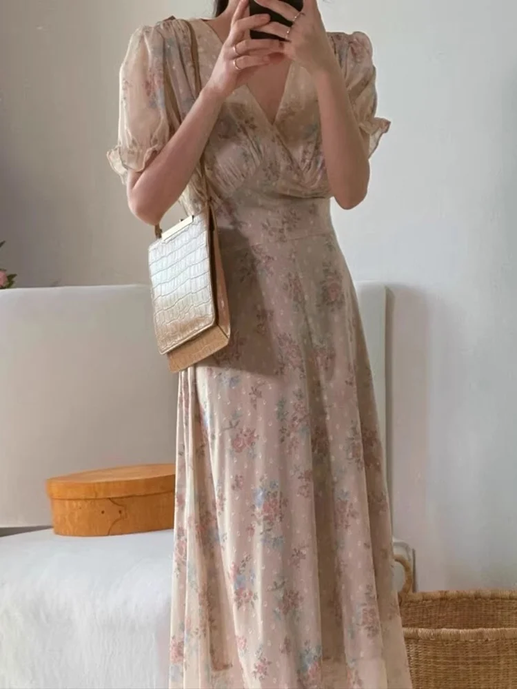 Retro Summer Floral Chiffon Dr with Waist Cinching Tie Bubble Sve Long Women's Faion Korean Sle High Waist ort Sl...