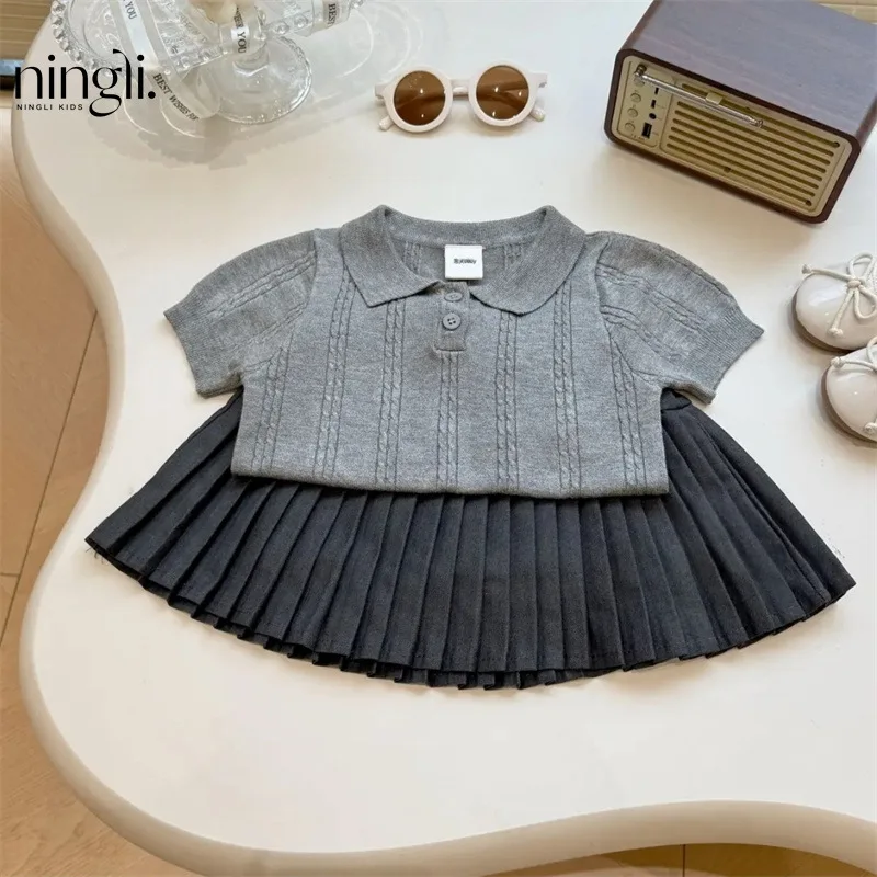 

Children's Clothing Girls' Set New Summer Fashion Stylish Kids' Elegant Gray Knitted Short Sleeve Top Dress
