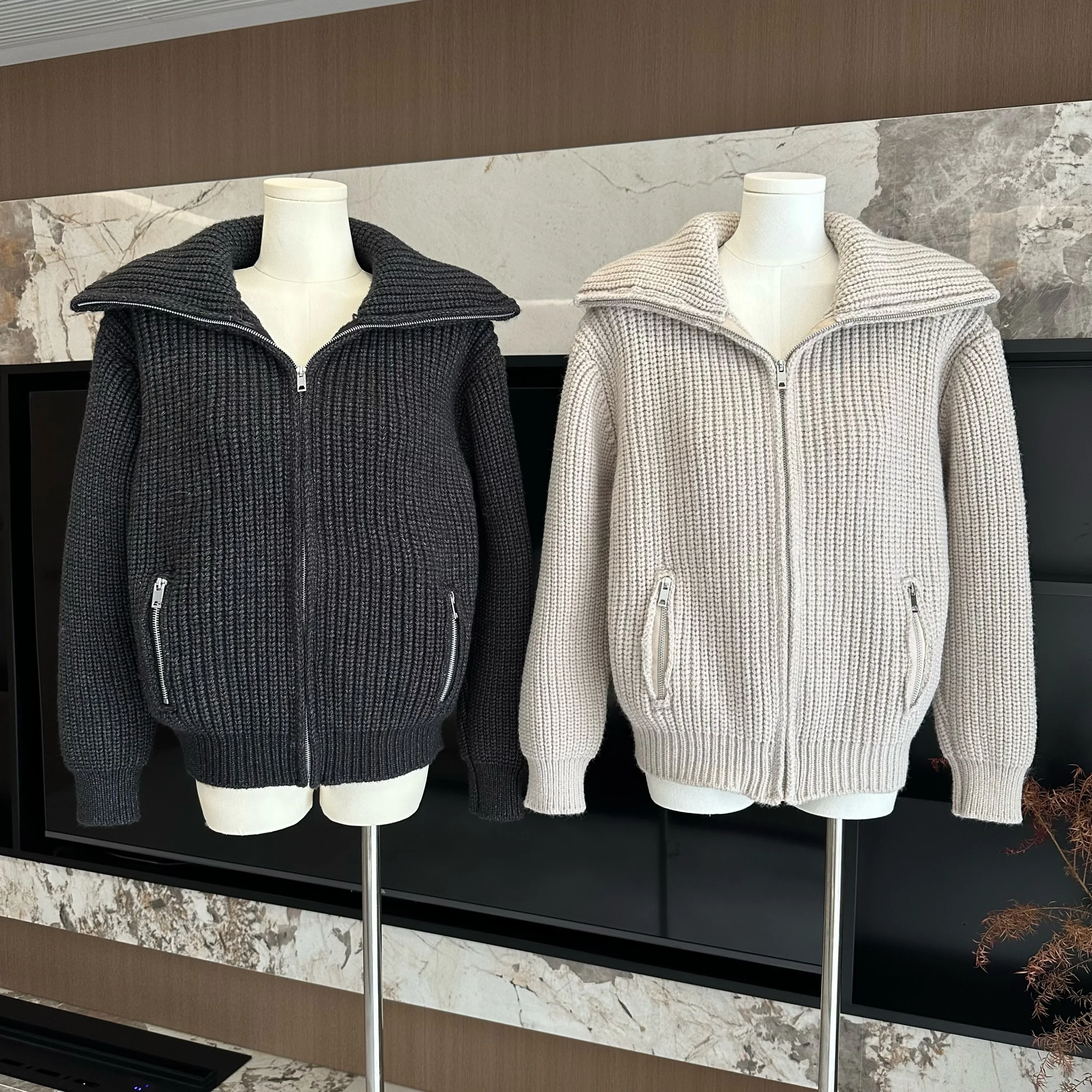 

Женский осенне-зимний повседневный свободный кардиган с отложным воротником и длинными рукавами, женская уличная одежда, однотонный кардиган на молнии, вязаный топ