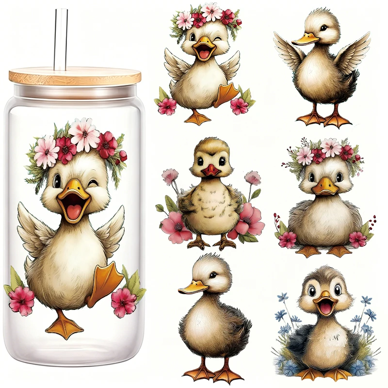 6pcs Cute Duckling Floral Crystal Transfer Stickers Vintage Watercolor UV DTF Decals for Glass Cups DIY Craft Supplies