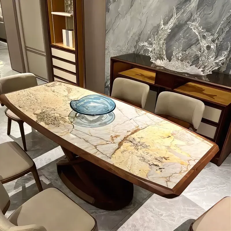 New Chinese Ash Wood Marble Luxury Stone Slate Dining Table and Chairs Modern Simple Home Tea Table Maillard Style Furniture