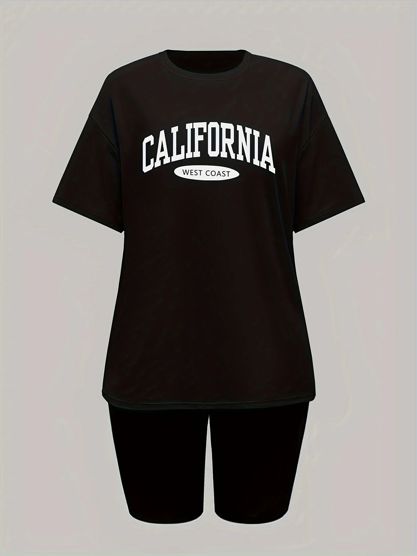 Women's summer casual loose fit large casual CALIFORNIA letter print round neck short sleeved T-shirt+shorts two-piece set