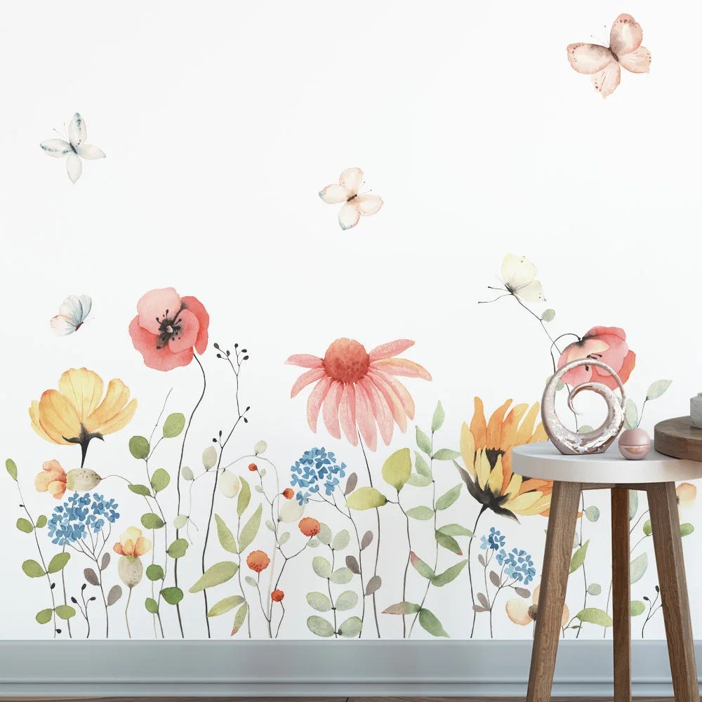 Watercolor style Flowers Wall Stickers Butterfly for Bedroom Living Room Home Decor Art Eco-frienly Removable Decals PVC Murals