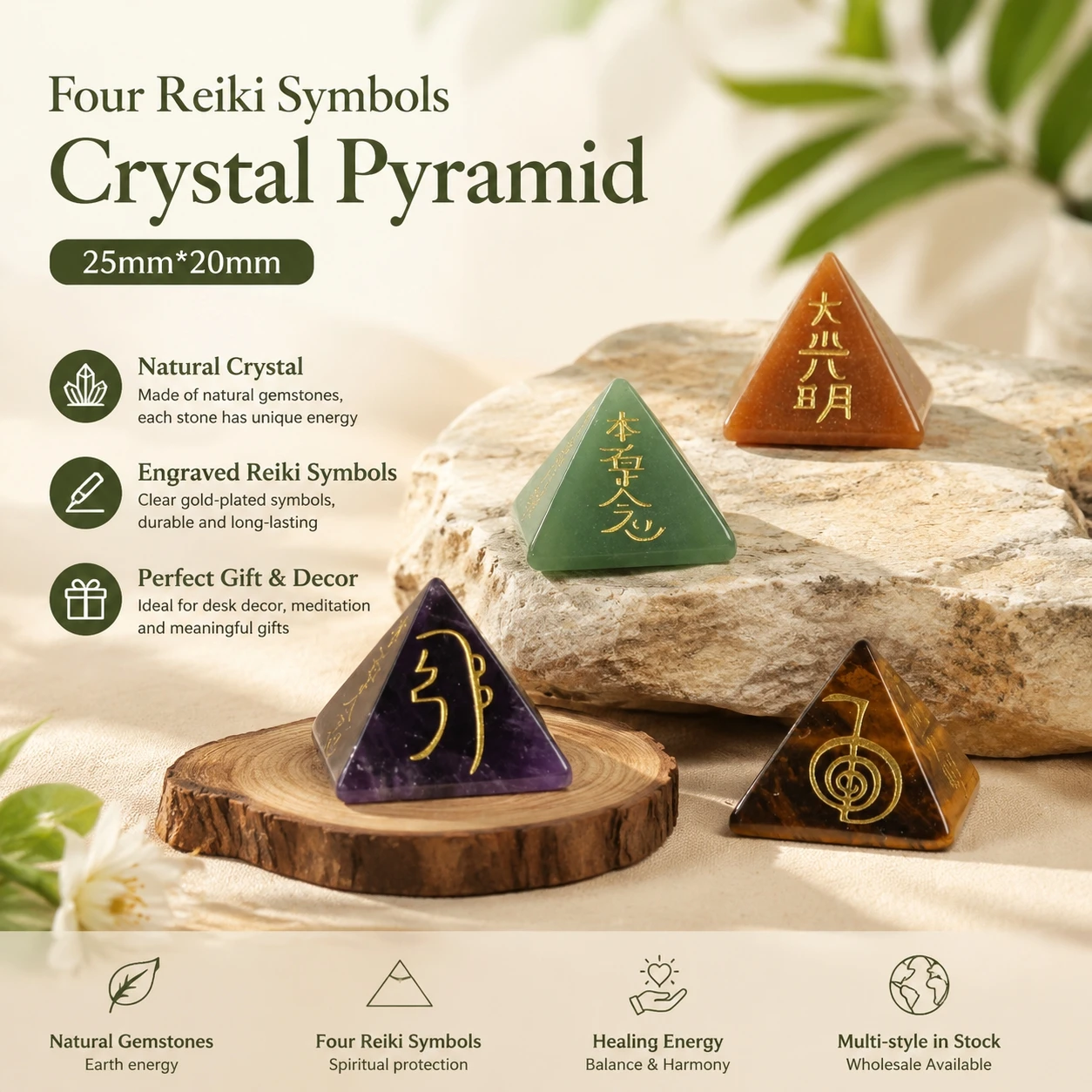 Natural Stone Reiki Symbol Pyramid Ornament Engraved Japan 4 Element Rune Piramide Decor Heal Crystal Energy Stone Yoga Jewelry