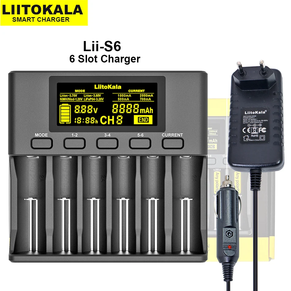 LiitoKala Lii-S6 3.2V 3.7V 18650 ładowarka 6-Slot Auto-polaryzacja wykrywa 26650 21700 18500 14500 20700 baterie AA AAA 1.2V