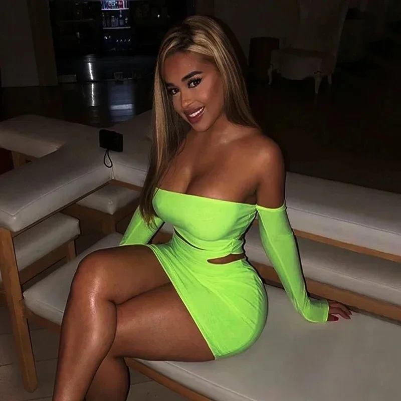 YUZHEXI Neon Green Off Shoulder Tight Robe for Women Sexy Nightclub Full Sleeve Hollow Out Party Skinny Mini Dresses Y2k Fit