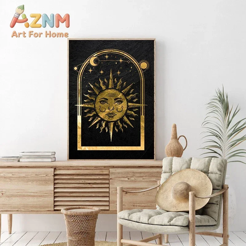 AZNM Tarot Sun Moon Star Canvas Wall Art Black Gold Mystical Celestial Palmistry Magic Art Print Unframed Canvas Poster for Boho