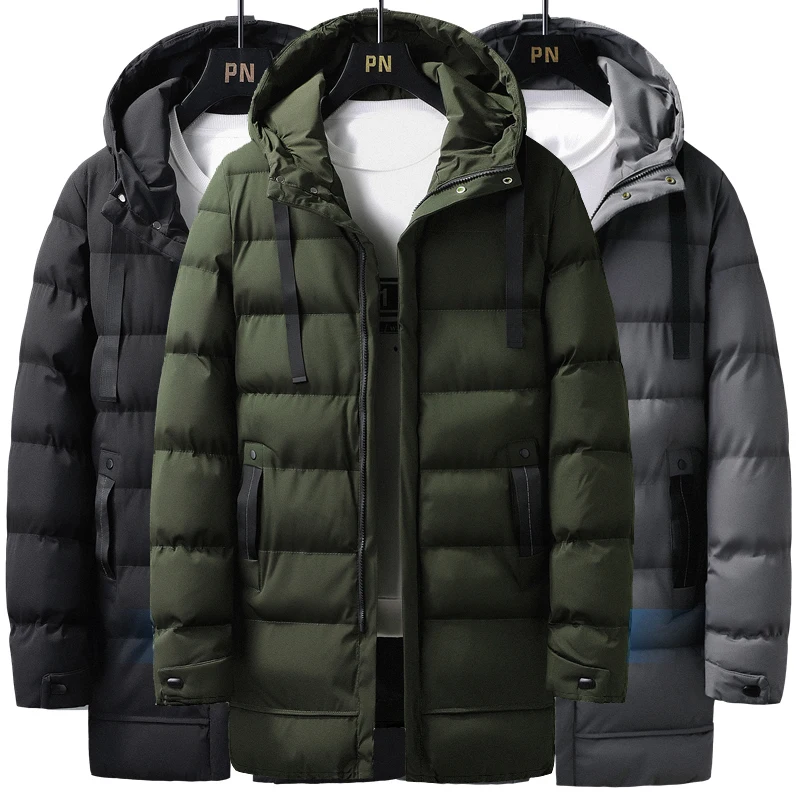 

Утолщенные теплые однотонные хлопковые куртки средней длины, осень-зима, Новое поступление, мужские повседневные модные спортивные хлопковые пальто с капюшоном для мужчин