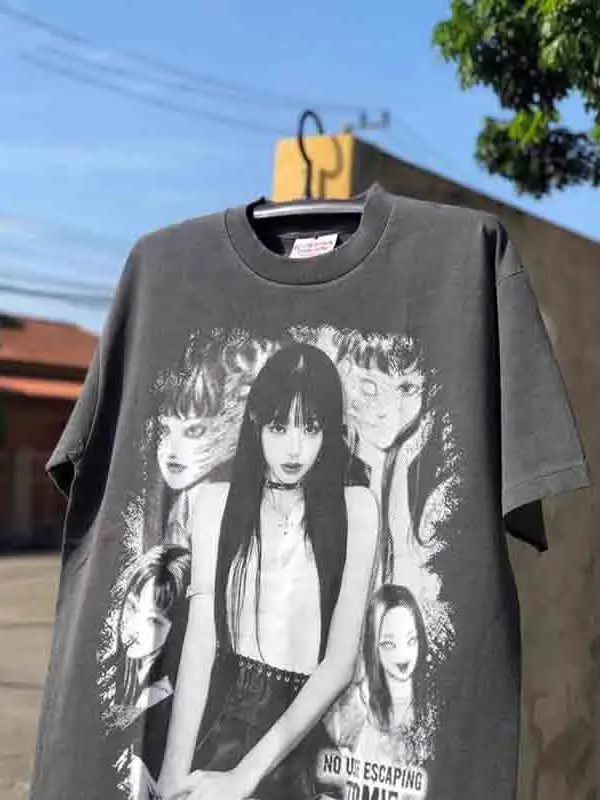 

Очень большой размер, 300 г/м², винтажный стиль Junji Ito, футболка High Street, хлопок, комфортная, дышащая, летняя.