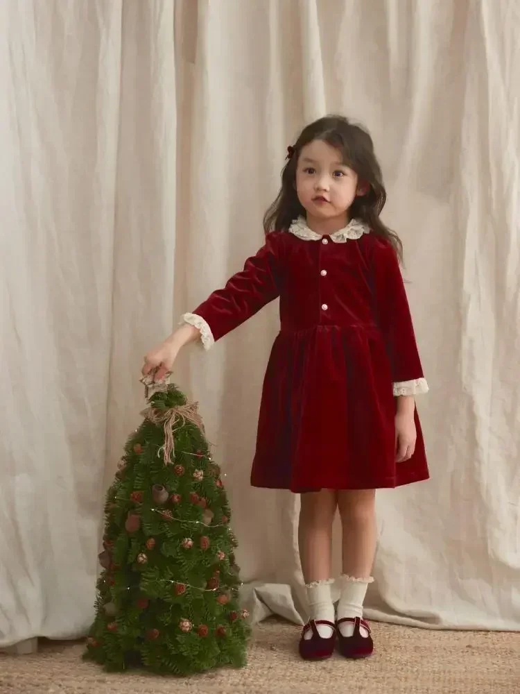 2025 Festive Dress Girl Children's Clothes Kids Princess Vintage Lace Collar Red Velvet Dresses Infants Clothing Spring for Eid #5