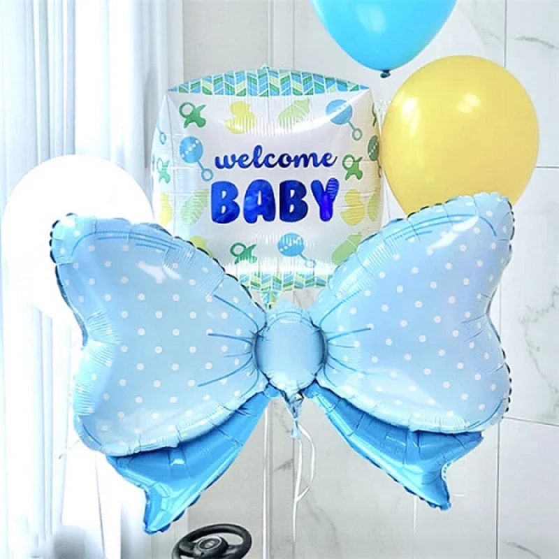 1/10/20PCS Ins Style Powder Blue Bow Shaped Aluminium Film Balloon Happy Birthday 100 Days Children Baby Party Photo Props