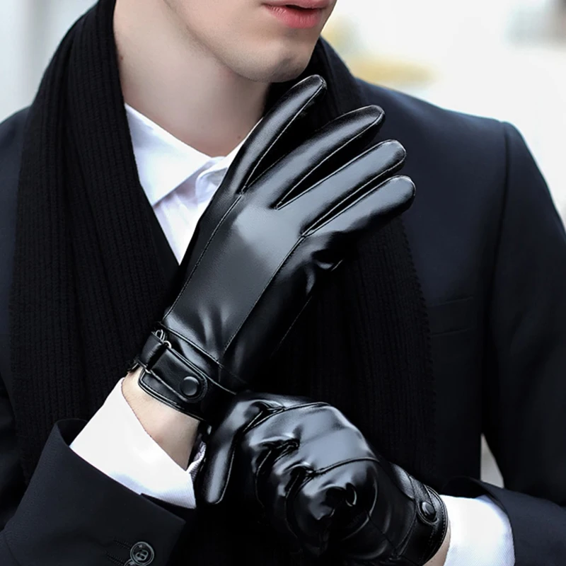 Winter Men\'s Gloves Black PU Leather Gloves & Mittens Keep Warm Touchscreen Windproof Driving Guantes Male Business Casual Glove