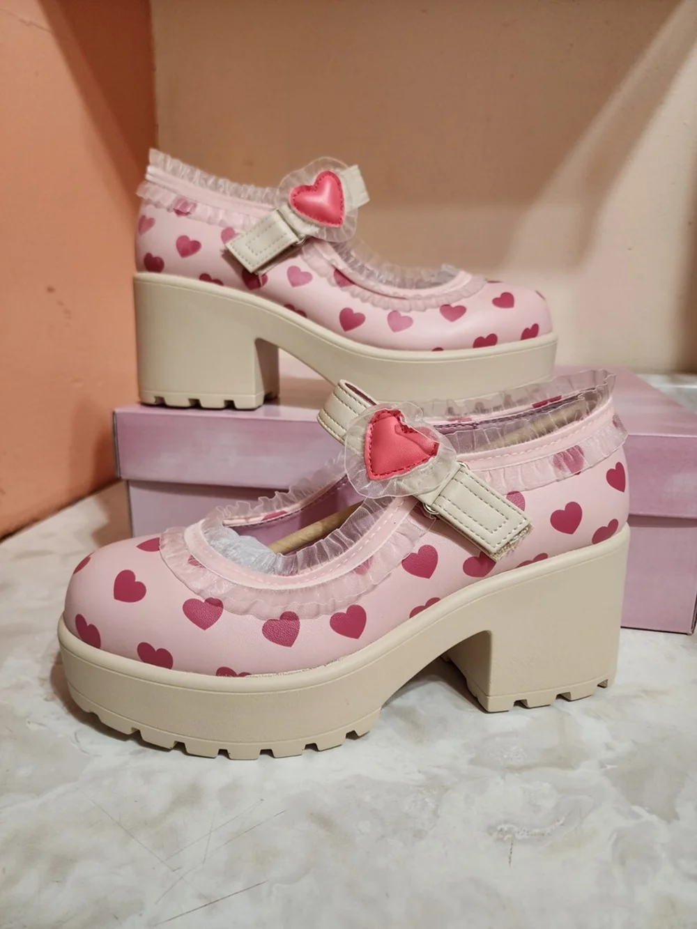 Sweet Lolita Style Pastel Pink Heart-Print Mary Jane Heels Heart Buckle Lace Trim Chunky Platform Block Heel Round-Toe Shoes view 3