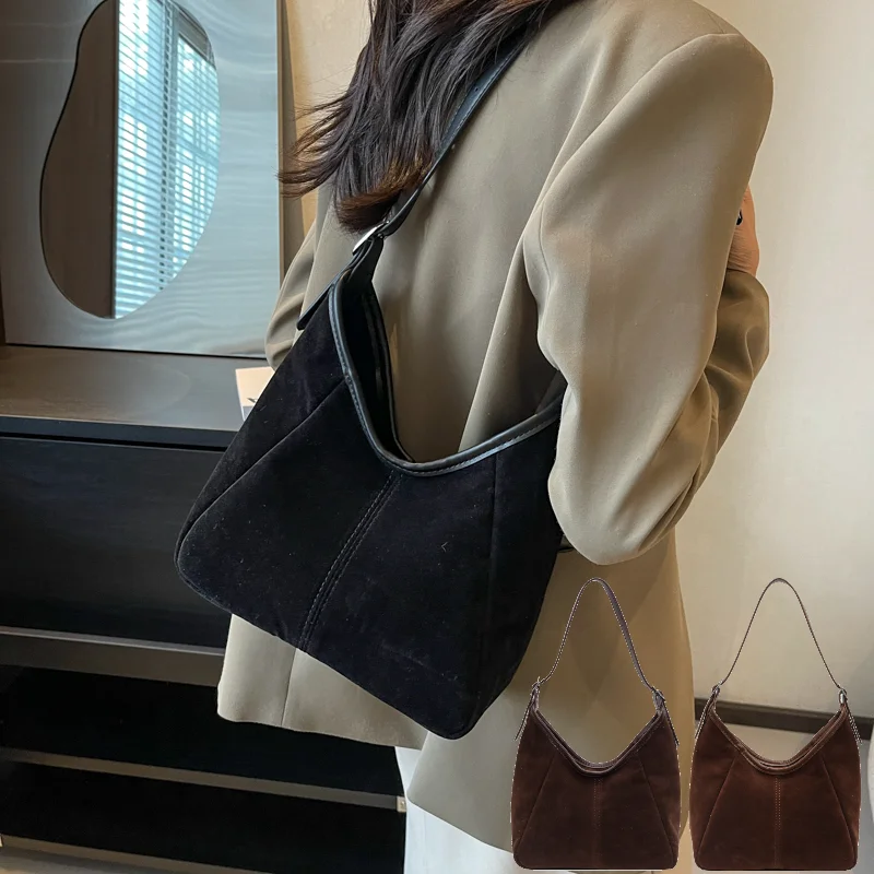 

Vintage Women's Bag Large Capacity Suede Shoulder Bag Solid Color Simple Casual Commuter Bag Retro PU Trendy Hobo Bags Handbags