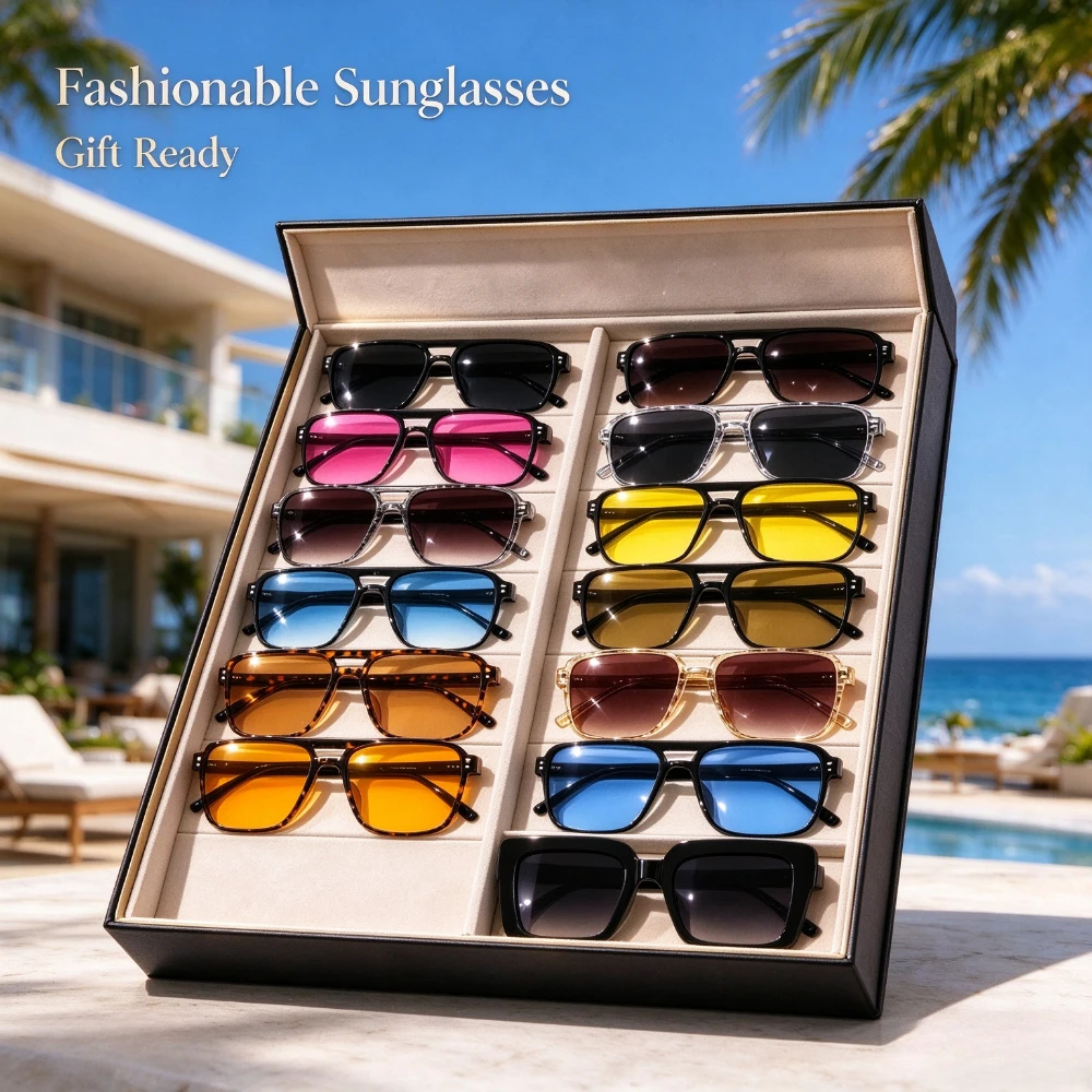 13 Pieces of Double-bridge Square Frame Sunglasses, Unisex Fashion Glasses, Various Multi-color Frames and Tinted Lenses, Randomly Sent in Colors and Styles, Fashionable Decorative Glasses for Men and Women Gifts, Suitable for Parties and Daily Matching