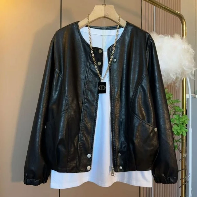 

2026 Spring New Fashion PU Leather Jacket Women's Korean Version Solid Color Round Neck Long Sleeve High Street Loose Coat