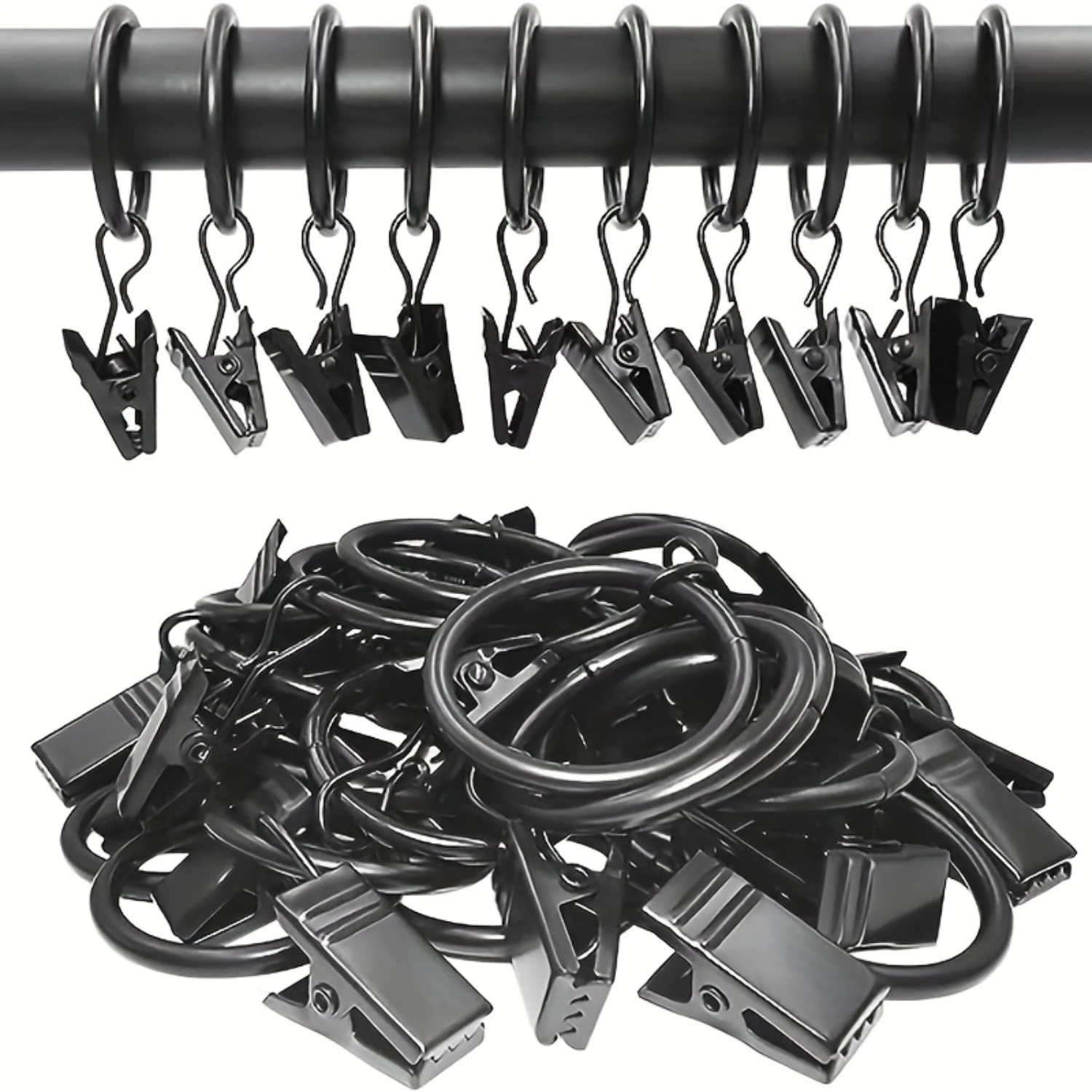 Elegant Black Metal Curtain Rings with Clips – Easy Install, Traditional Style, Multipack (30/40/50pcs)