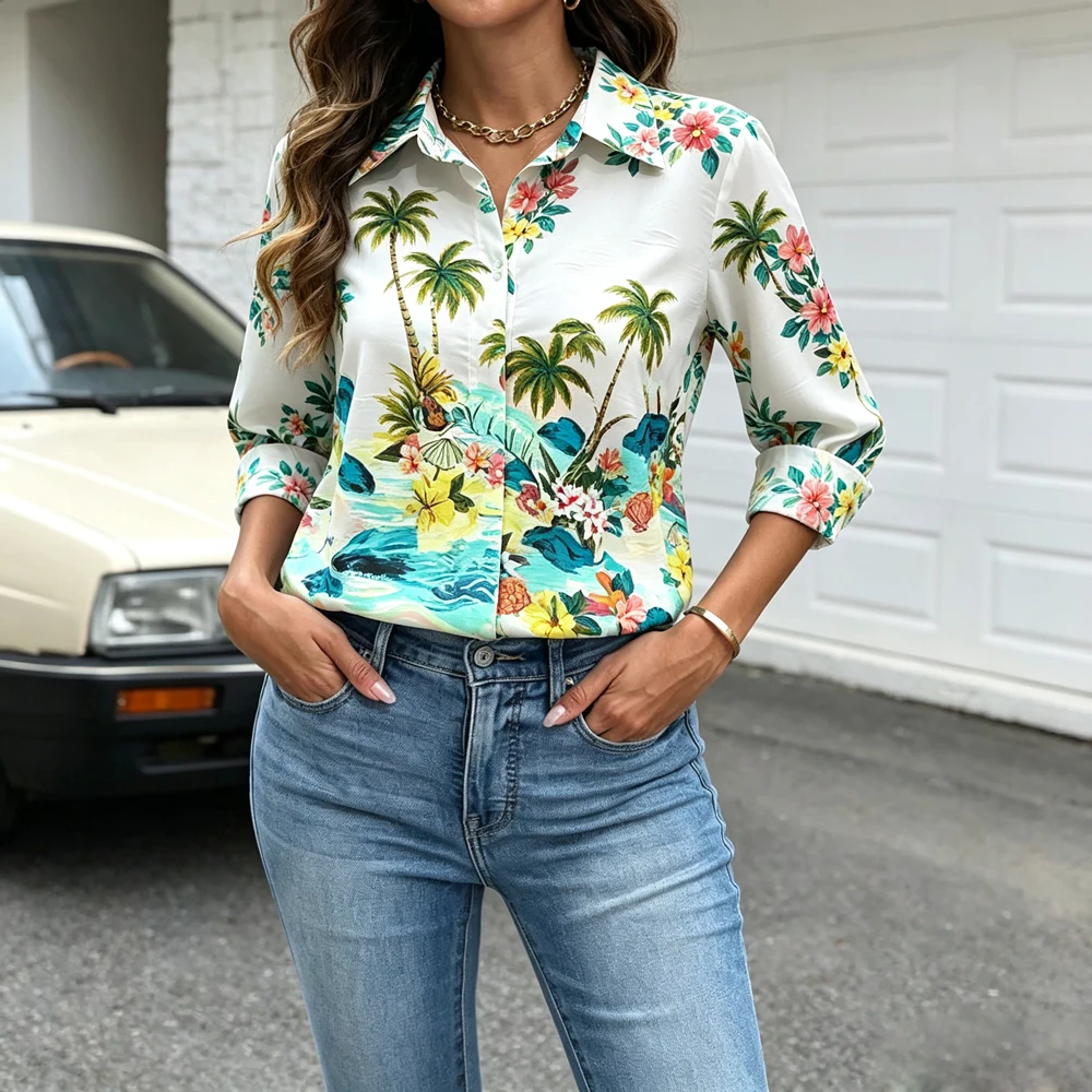 2026 Women's Street Fashion Lightweight Long Sleeve Lapel Shirt Tropical Beach Plant Flowers Printed Top Vacation Commuting Top