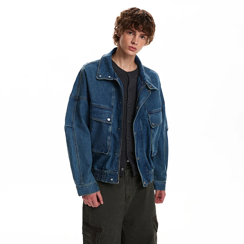 LUZHEN 2026 New Fashion Original Big Pockets Decorate Stand Neck Denim Jacket Men's Handsome Elastic Waist Casual Coat JY9240